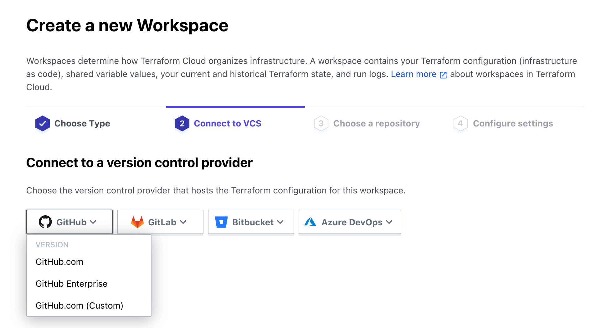 Workspace connect to VCS